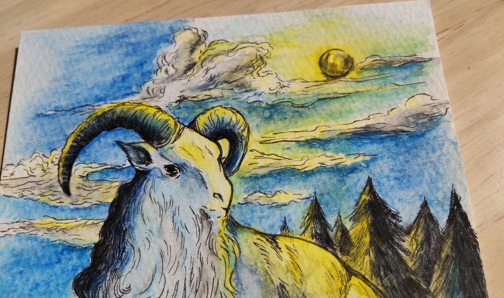 ペン画 水彩 『月夜の雄山羊』原画 100×148mm