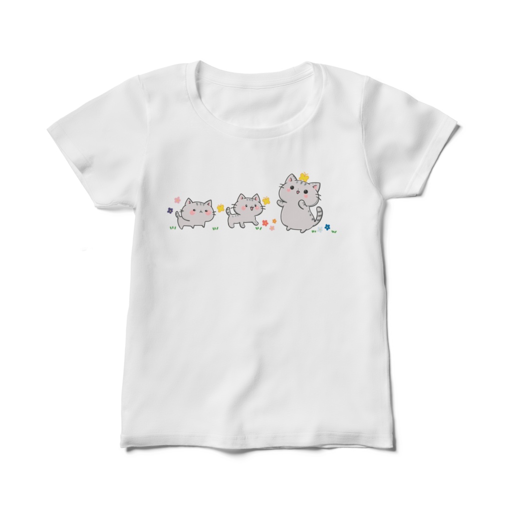 「レディース」にゃんこ三姉妹ちょうちょTシャツ