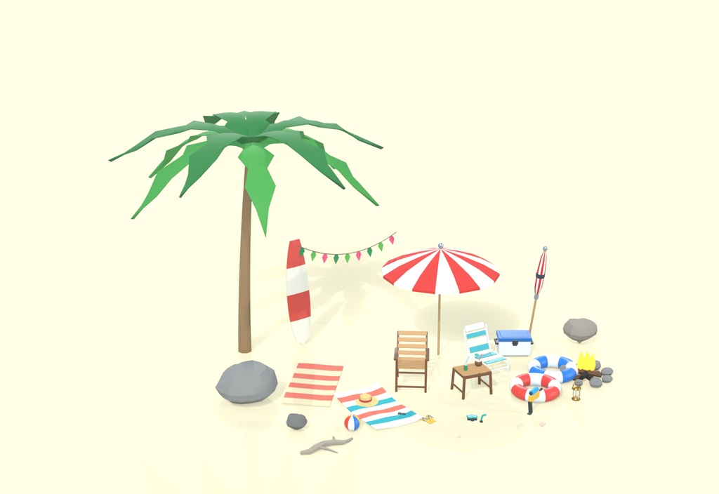 【VRChatワールド向け】夏の海旅行パック 25種 ローポリ小物アセット