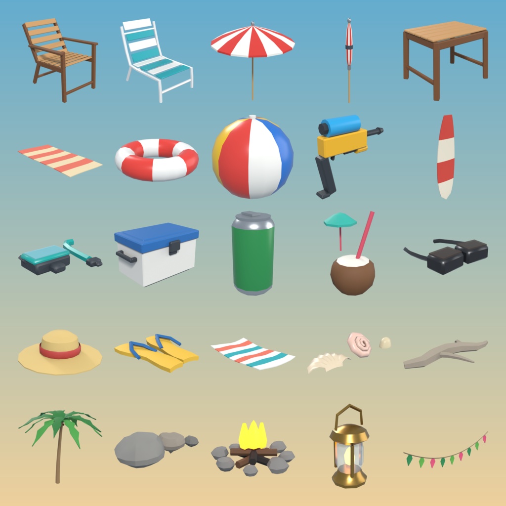 【VRChatワールド向け】夏の海旅行パック 25種 ローポリ小物アセット