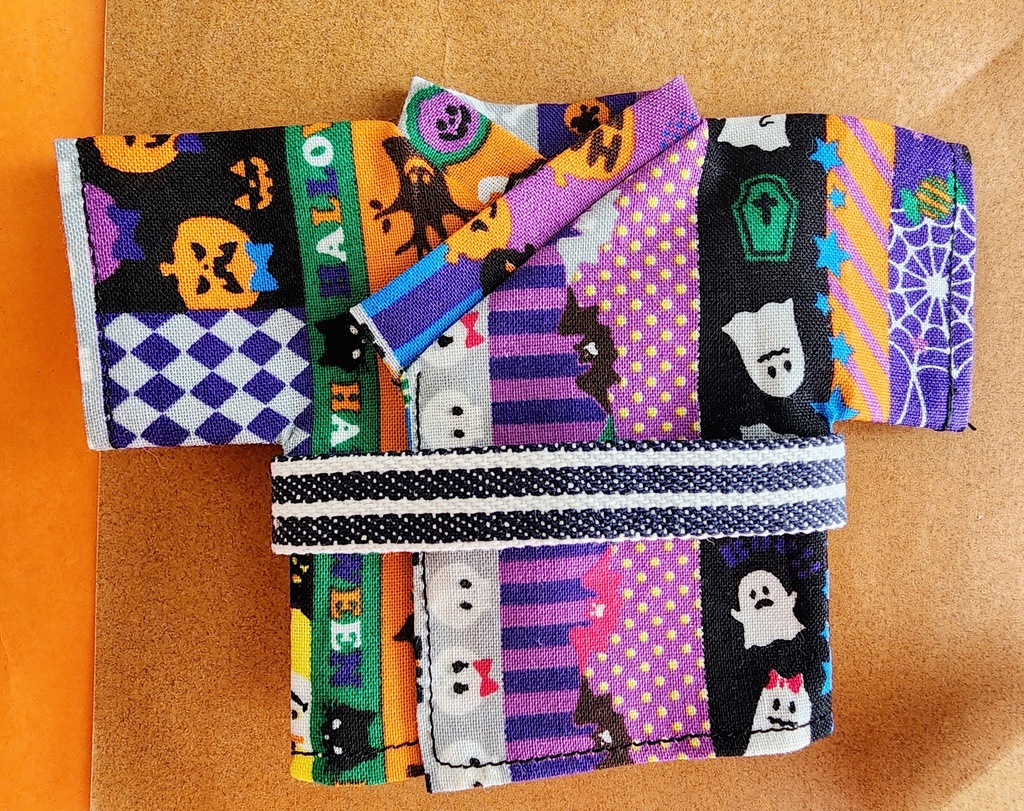 ぬい服11～17cm用ハロウィン柄浴衣 紫黒ストライプ