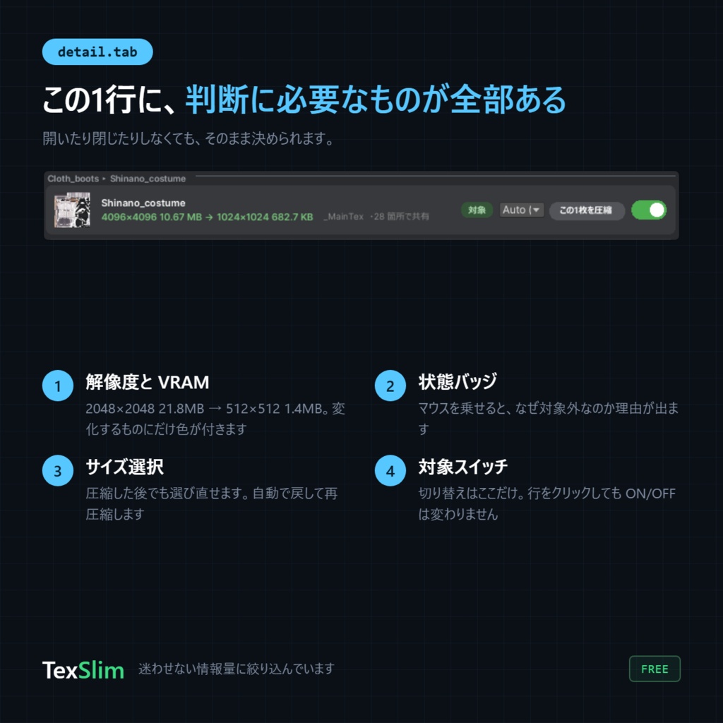 【無料】『TexSlim』アバターのテクスチャを非破壊で軽量化