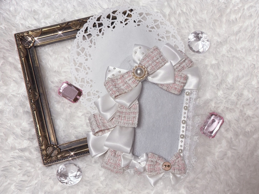 ツイードリボン🎀 カードケース 白×ピンク