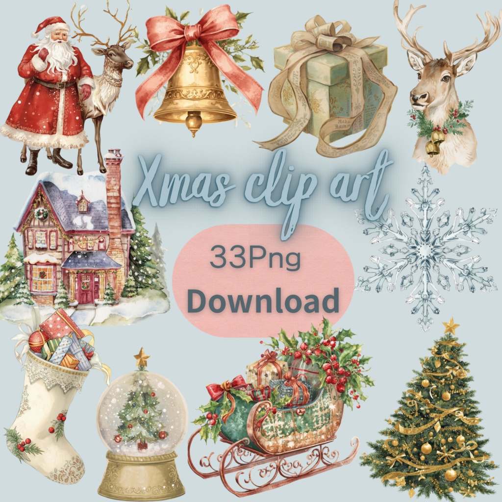 Xmas クリスマスクリップアートWatercolor Christmas Clipart Collection – 33点セット/背景透過PNG