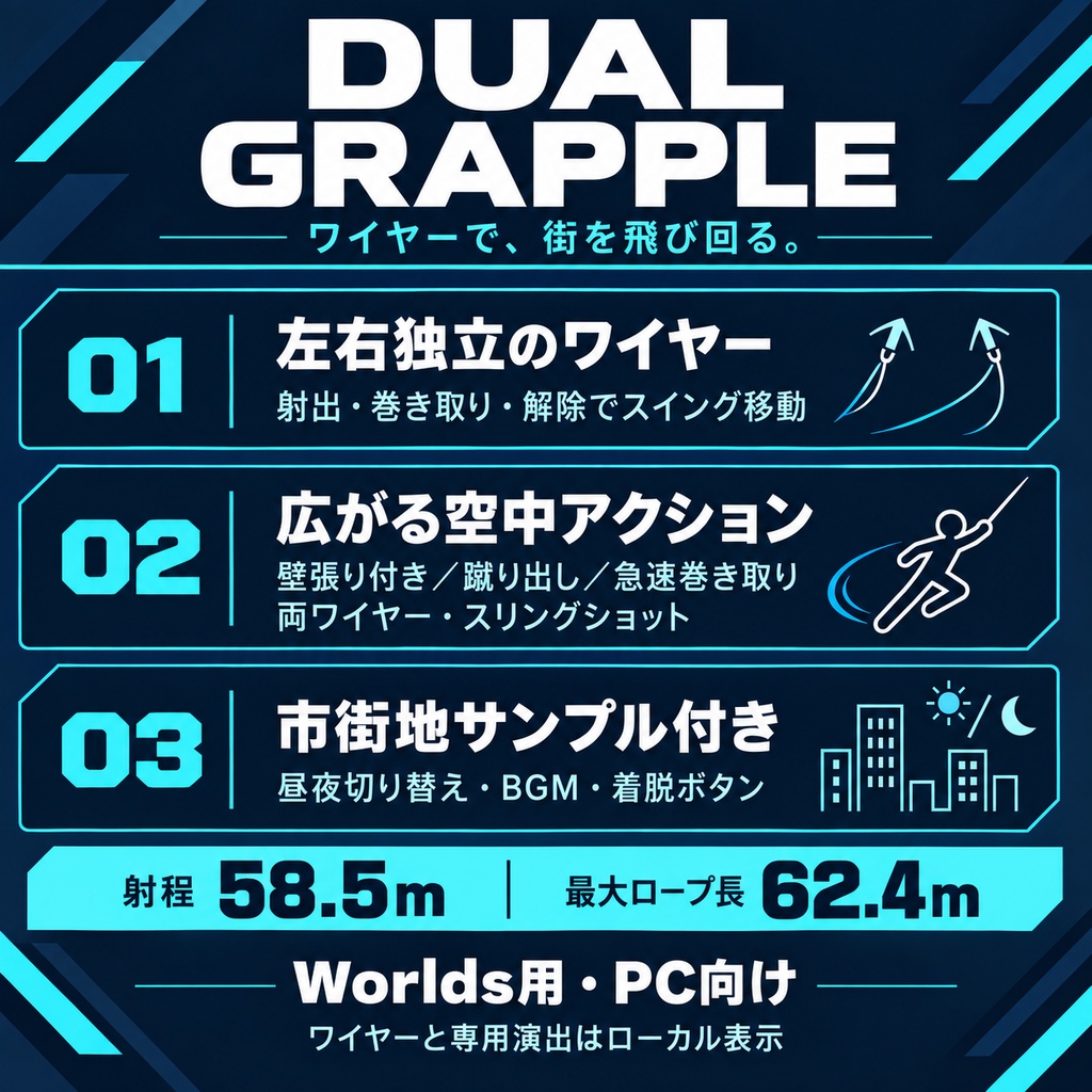 Dual Grapple|両腕ワイヤーアクション【VRChat Worlds・市街地サンプル付き】