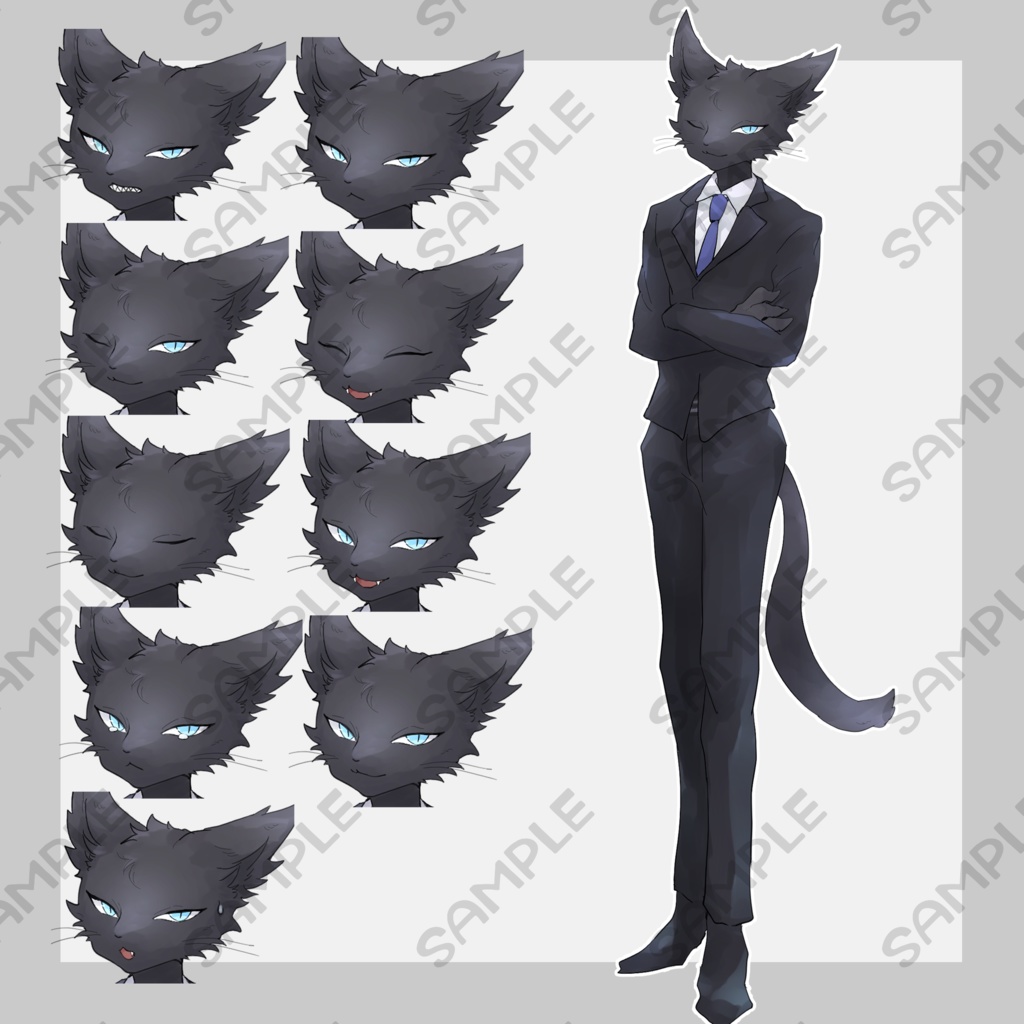 スーツ姿の黒猫獣人【表情9種類】