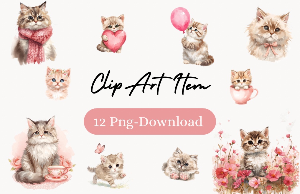 【水彩画シリーズ】可愛い猫のクリップアート10点セット　PNG背景透過