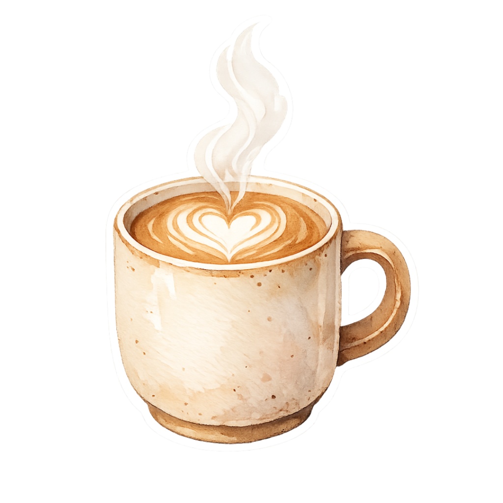 水彩画のCozy Caféデジタルステッカー20枚セット|GoodNotes・デジタル手帳向け|コーヒー・ベーカリー・読書モチーフのPNGクリップアート