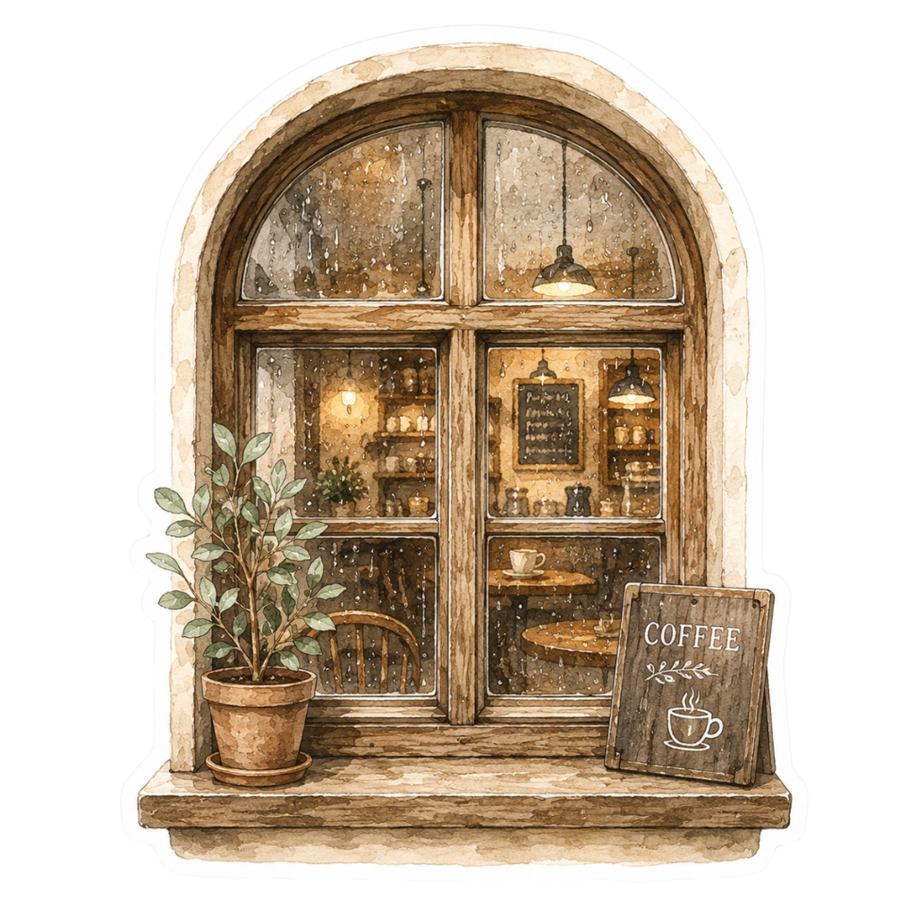 水彩画のCozy Caféデジタルステッカー20枚セット|GoodNotes・デジタル手帳向け|コーヒー・ベーカリー・読書モチーフのPNGクリップアート