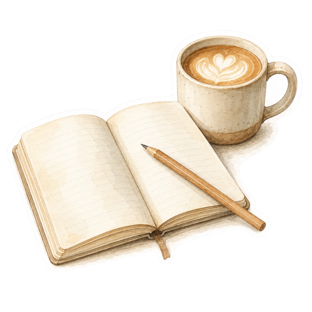水彩画のCozy Caféデジタルステッカー20枚セット|GoodNotes・デジタル手帳向け|コーヒー・ベーカリー・読書モチーフのPNGクリップアート