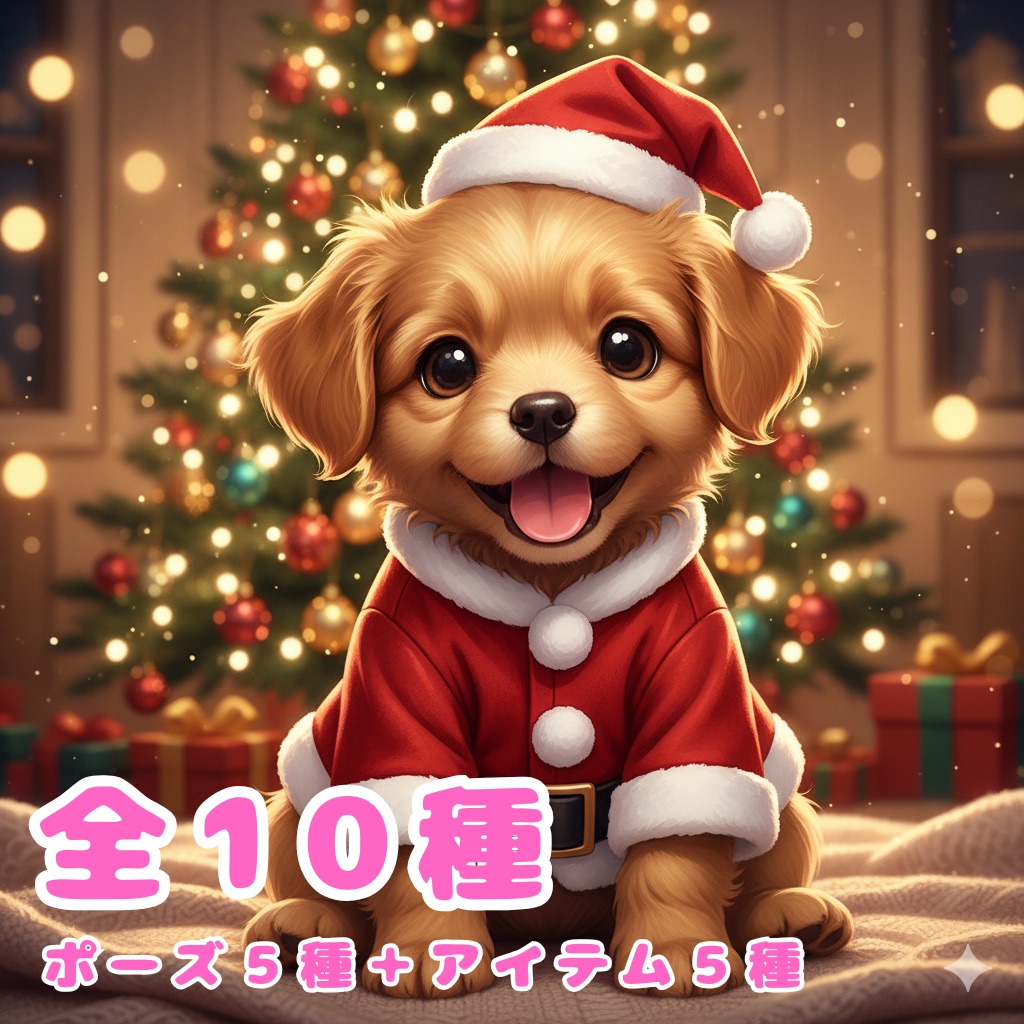 【サンタ子犬・全10種セット】クリスマス向け！可愛い子犬の背景透過PNG素材集 (商用利用OK)