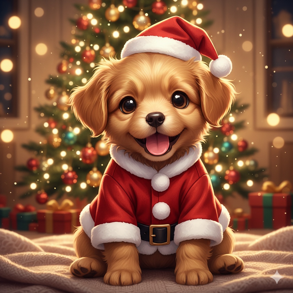 【無料サンプル】サンタ子犬・お試し用PNG素材(透かし入り・商用OK)