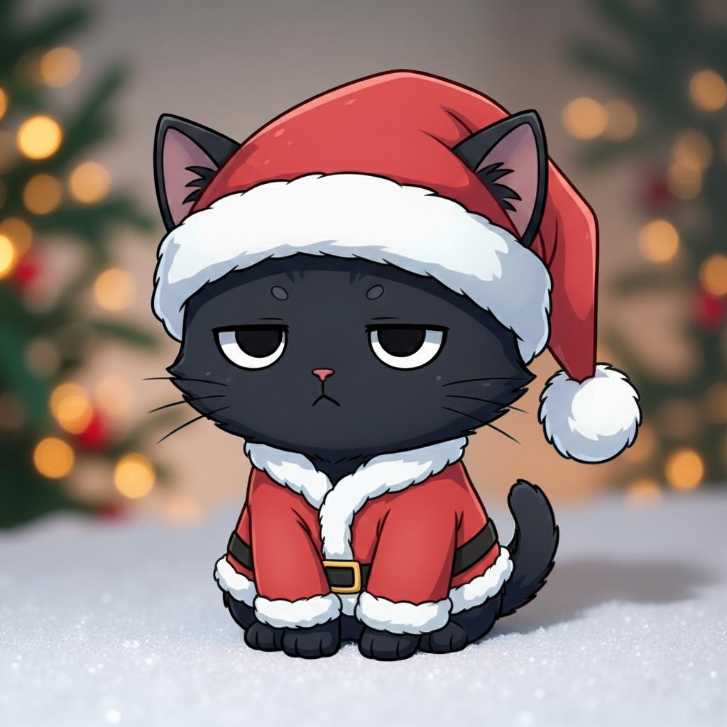 【無料サンプル】ふて猫サンタ 黒猫・お試し用PNG素材（透かし入り・商用OK）