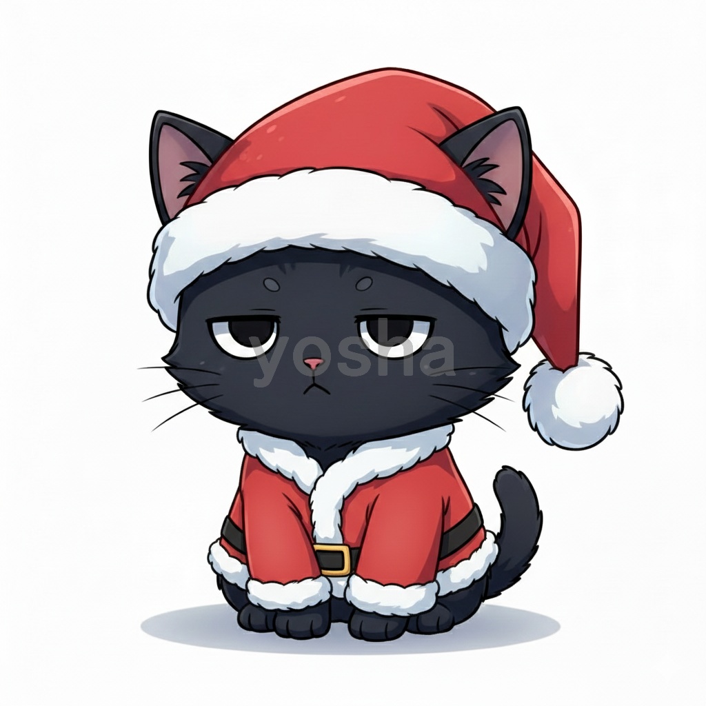 【無料サンプル】ふて猫サンタ 黒猫・お試し用PNG素材(透かし入り・商用OK)