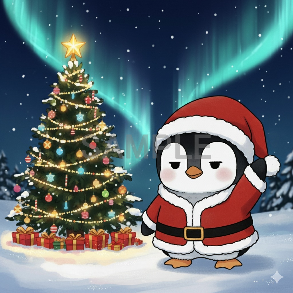 【無料サンプル】サンタペンギン・お試し用PNG素材（透かし入り・商用OK）