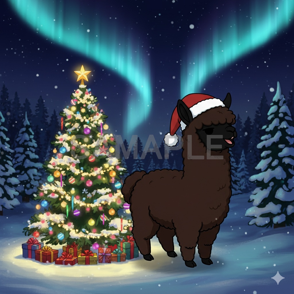 【無料サンプル】サンタアルパカ・お試し用PNG素材（透かし入り・商用OK）