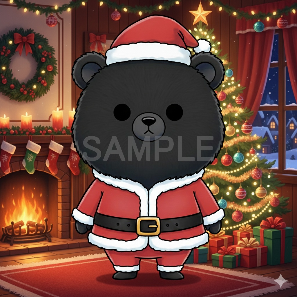 【無料サンプル】サンタ黒クマ・お試し用PNG素材（透かし入り・商用OK）