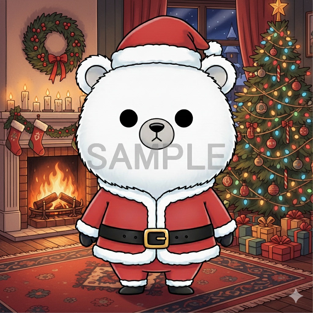 【無料サンプル】サンタ白クマ・お試し用PNG素材（透かし入り・商用OK）