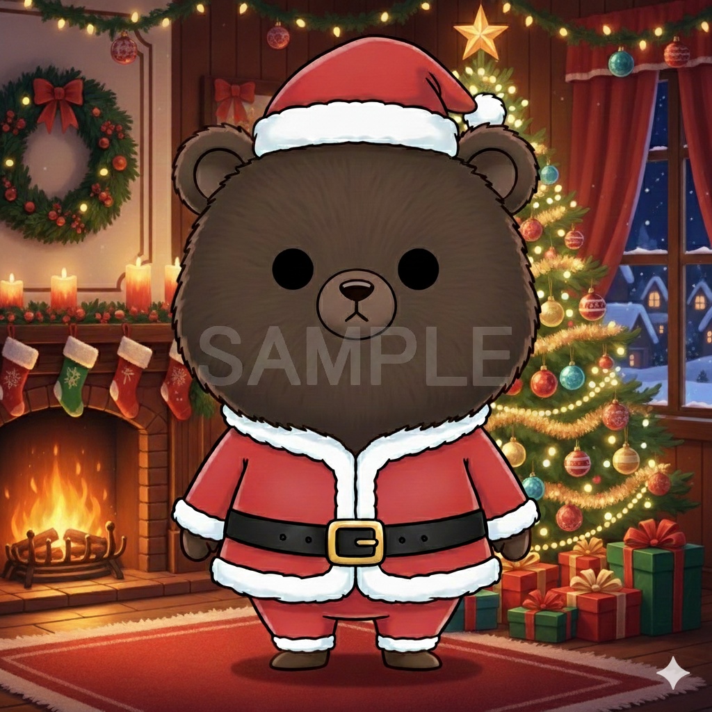 【無料サンプル】サンタ茶クマ・お試し用PNG素材（透かし入り・商用OK）