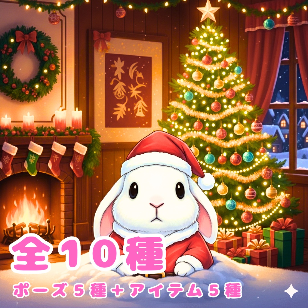 【白ウサギ版】無表情サンタ白ウサギ・全10種PNG素材集【癒し系/VTuber配信/SNS可】