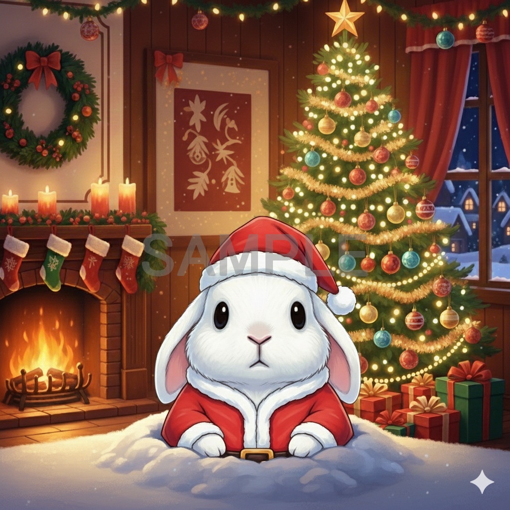 【無料サンプル】サンタ白うさぎ・お試し用PNG素材（透かし入り・商用OK）