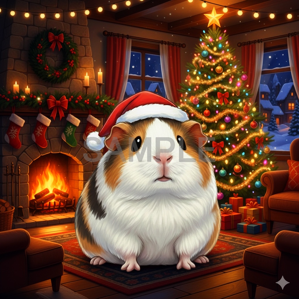 【無料サンプル】サンタモルモット・お試し用PNG素材（透かし入り・商用OK）