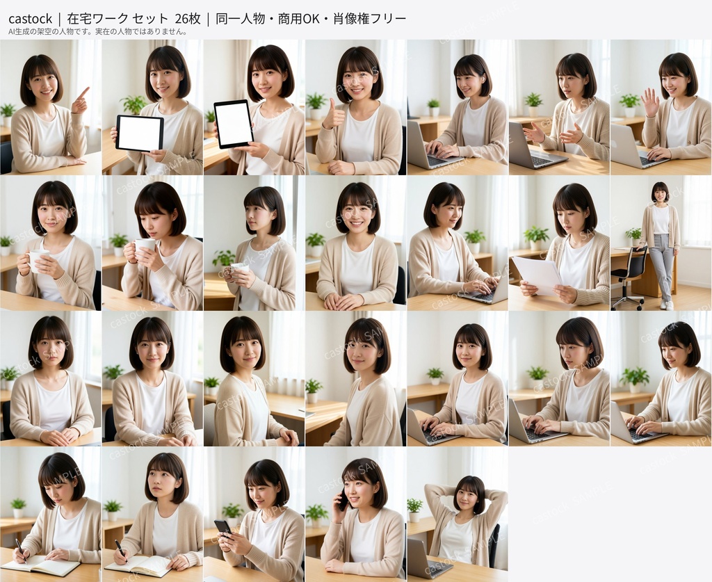 【AI人物素材】在宅ワーク 26枚セット|同一人物・商用OK・肖像権フリー|castock