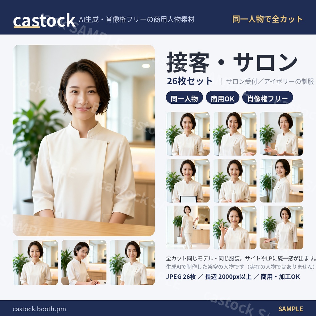 【AI人物素材】接客・サロン 26枚セット｜同一人物・商用OK・肖像権フリー｜castock