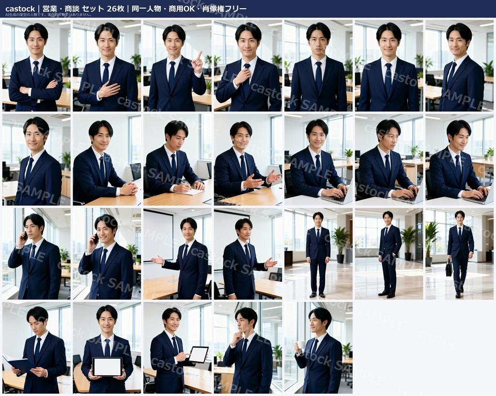 【AI人物素材】営業・商談 26枚セット|30代男性・同一人物・商用OK・肖像権フリー|castock