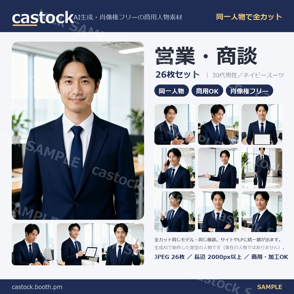【AI人物素材】営業・商談 26枚セット｜30代男性・同一人物・商用OK・肖像権フリー｜castock