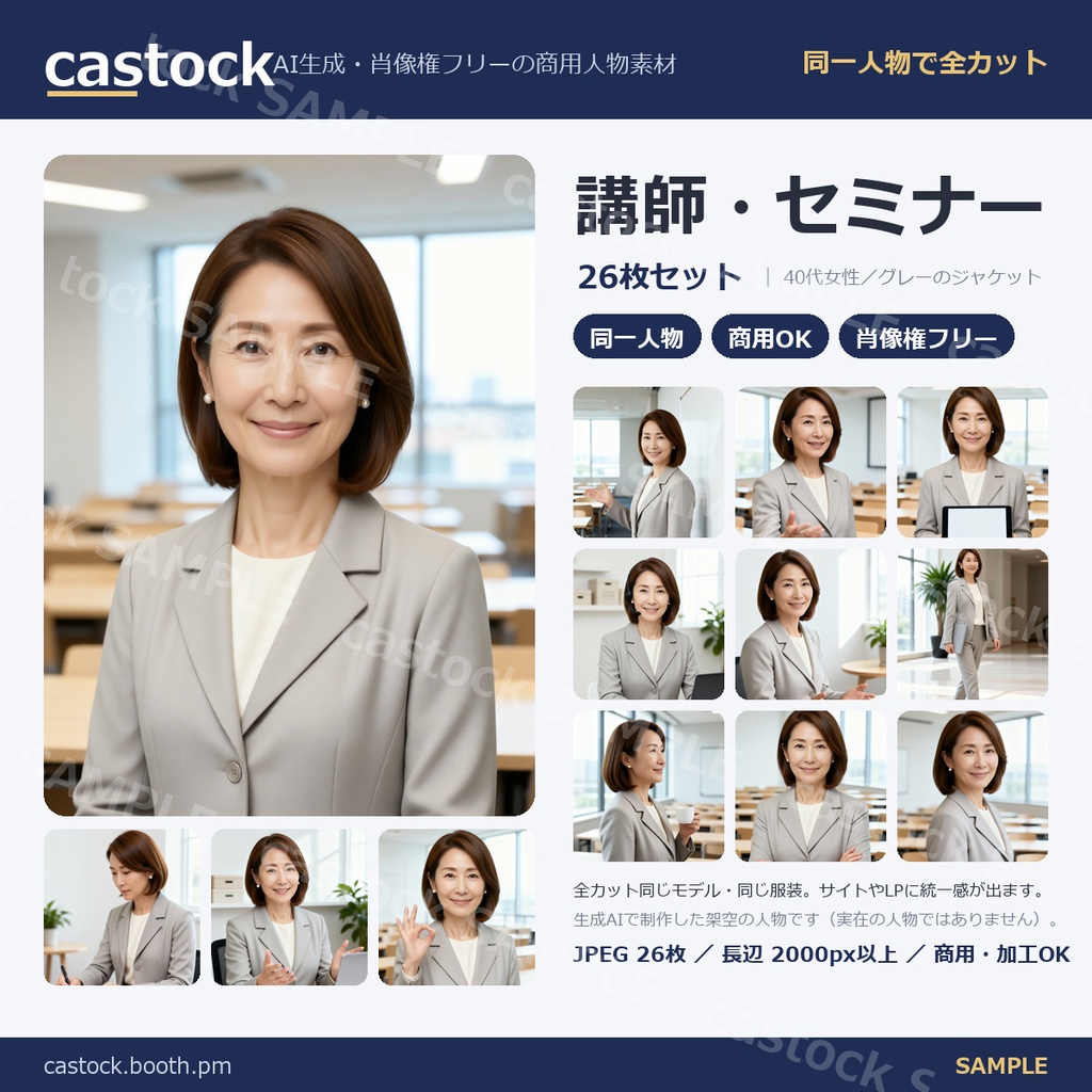 【AI人物素材】講師・セミナー 26枚セット｜40代女性・同一人物・商用OK・肖像権フリー｜castock