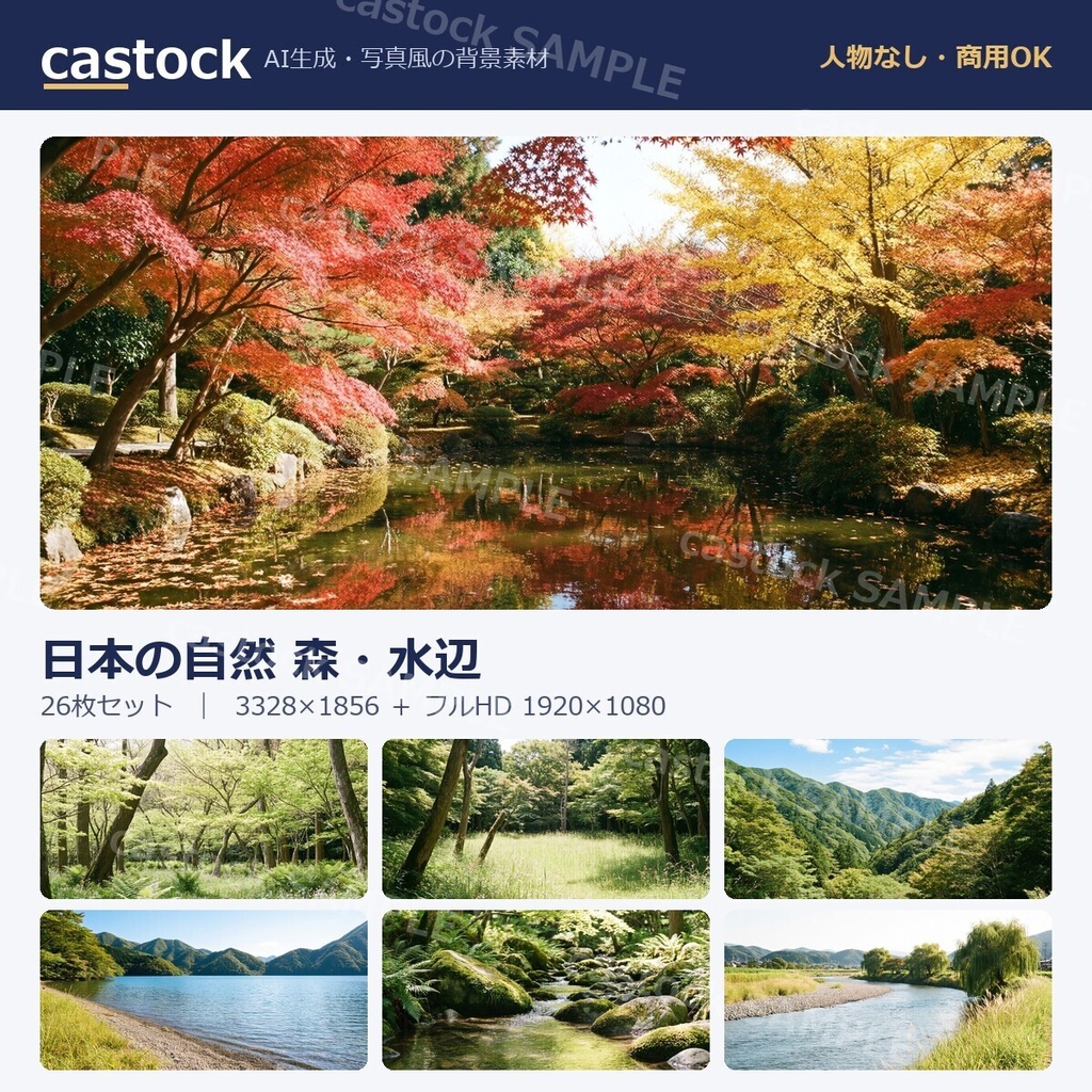 【AI背景素材】日本の自然 森・水辺 26枚セット|写真風・人物なし・商用OK|castock