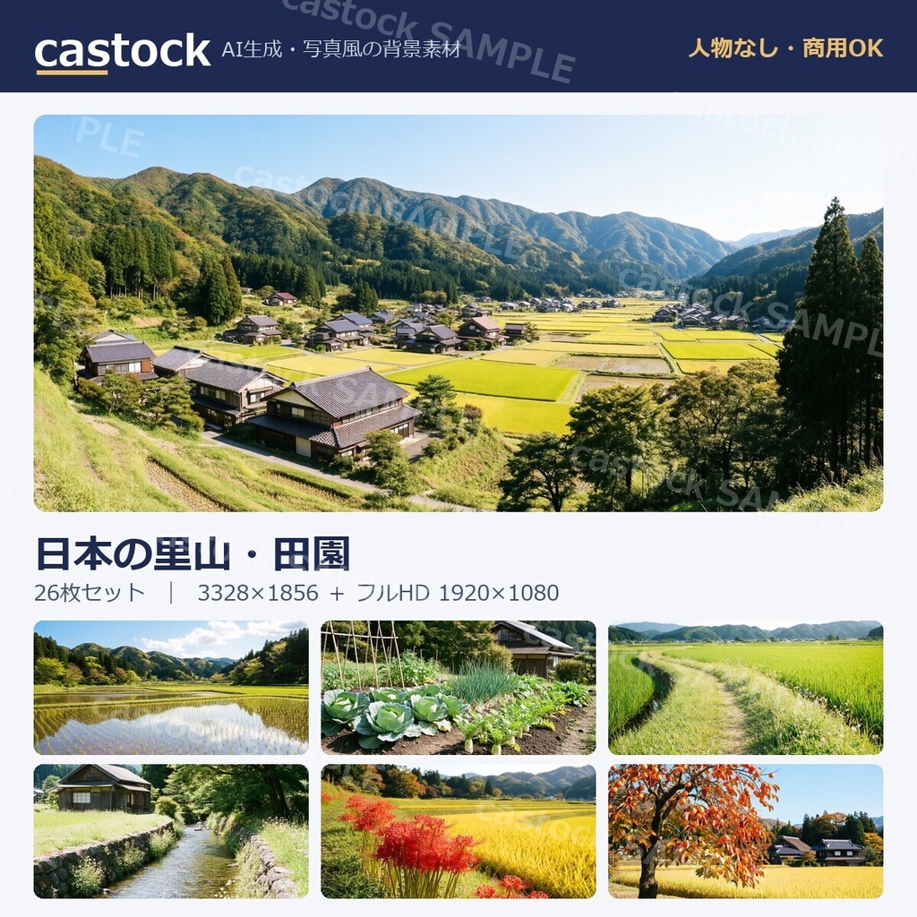 【AI背景素材】日本の里山・田園 26枚セット|写真風・人物なし・商用OK|castock