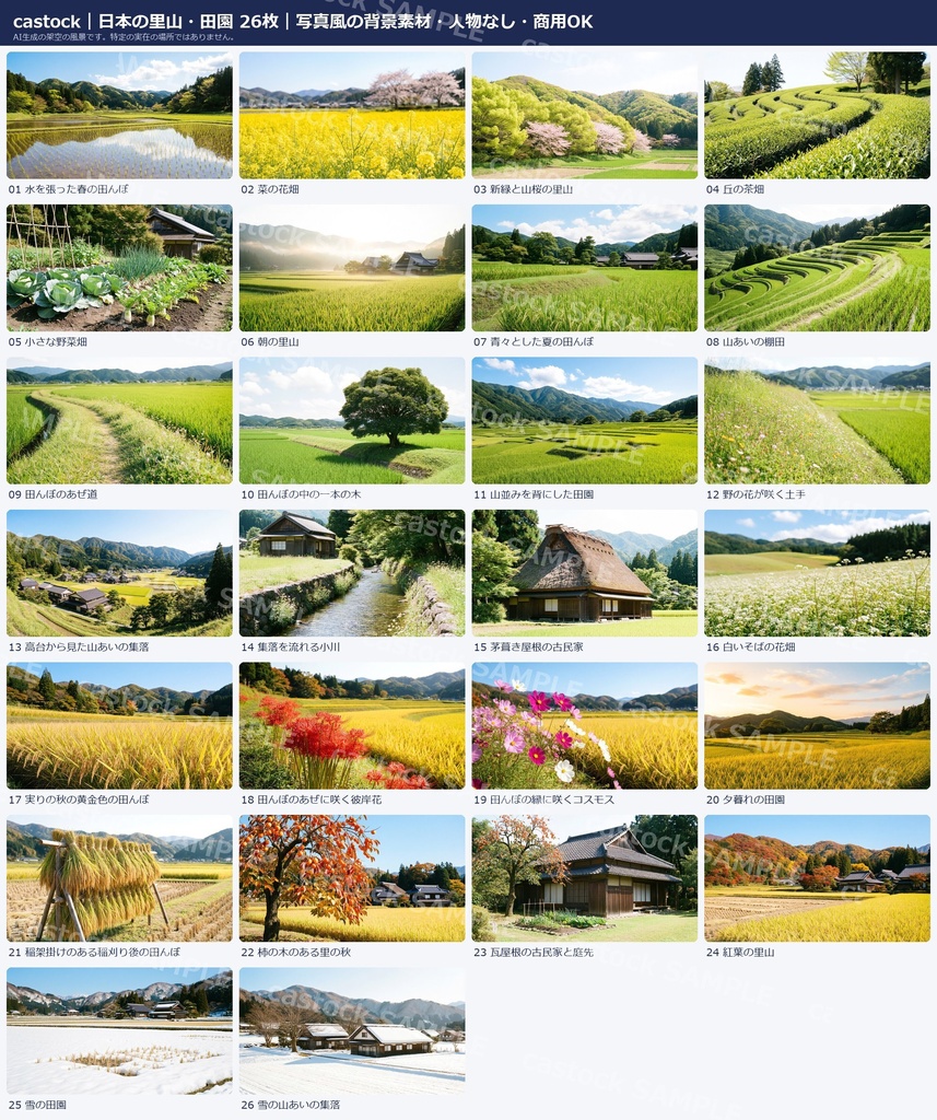 【AI背景素材】日本の里山・田園 26枚セット|写真風・人物なし・商用OK|castock