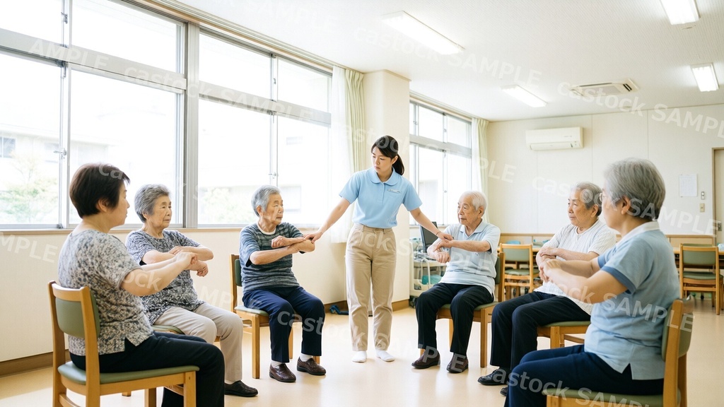【AI写真素材】介護施設のシーン素材 26枚セット|デイサービス・介護の現場・架空の人物|商用OK|castock