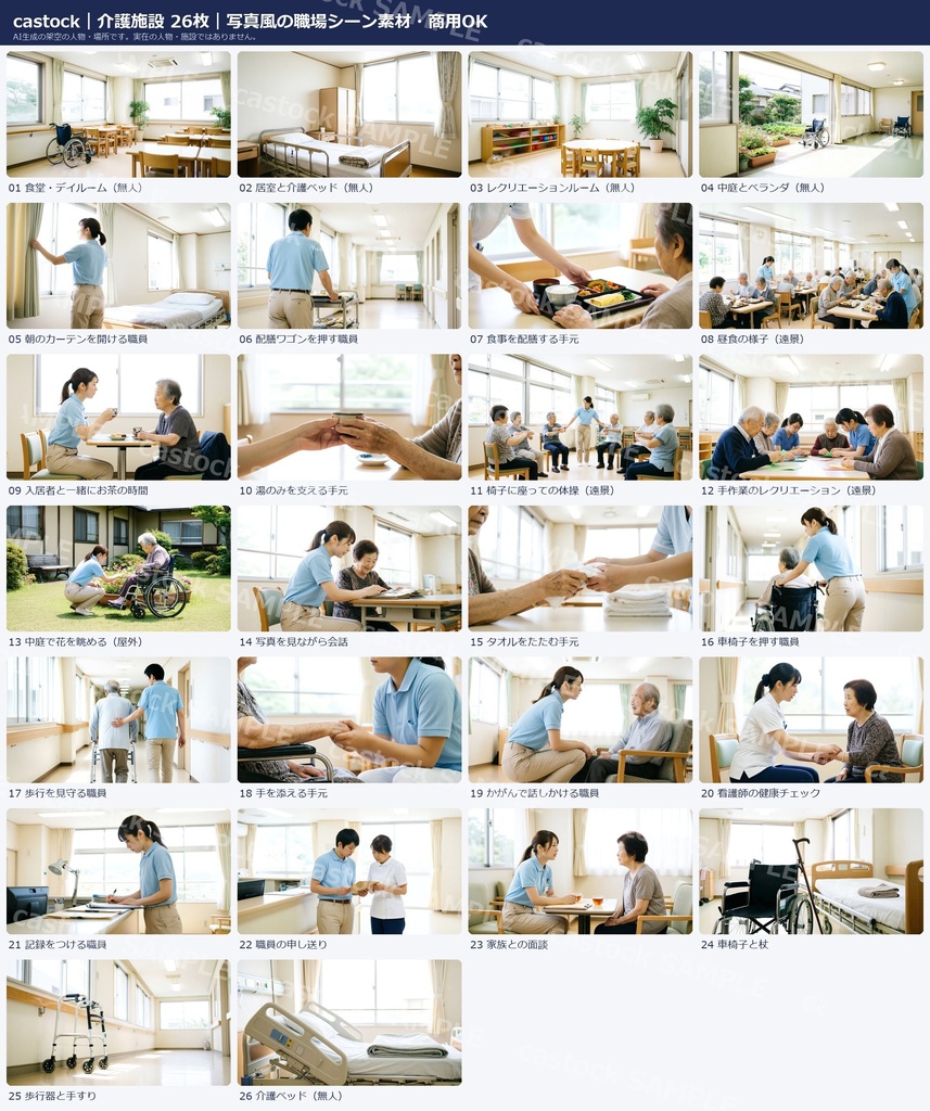 【AI写真素材】介護施設のシーン素材 26枚セット|デイサービス・介護の現場・架空の人物|商用OK|castock