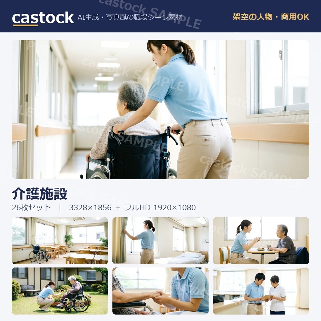 【AI写真素材】介護施設のシーン素材 26枚セット｜デイサービス・介護の現場・架空の人物｜商用OK｜castock