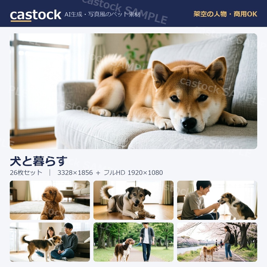 【AI写真素材】犬と暮らす 26枚セット｜柴犬・トイプードル・散歩・飼い主とのふれあい｜商用OK｜castock