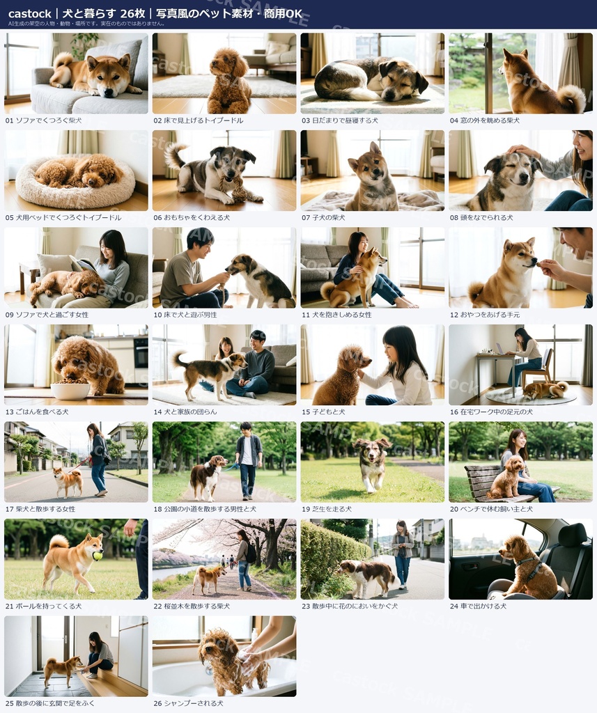 【AI写真素材】犬と暮らす 26枚セット|柴犬・トイプードル・散歩・飼い主とのふれあい|商用OK|castock