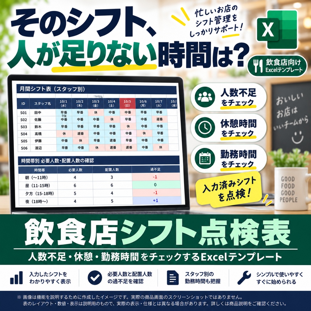 飲食店シフト点検表|人数不足・休憩・勤務時間をチェックするExcelテンプレート