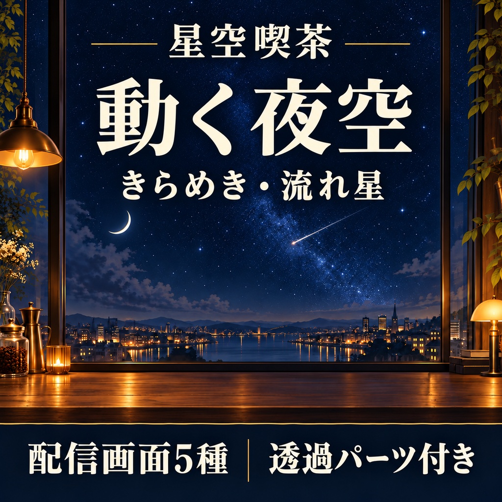 【無料版有】星空喫茶の配信ルーム｜椅子と机で着席配置・5画面・動く夜空
