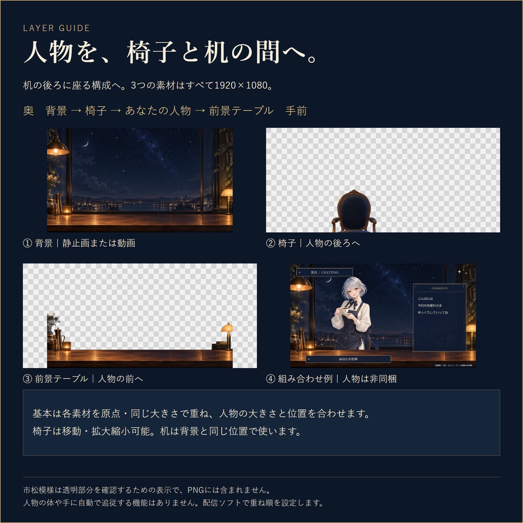 【無料版有】星空喫茶の配信ルーム|椅子と机で着席配置・5画面・動く夜空