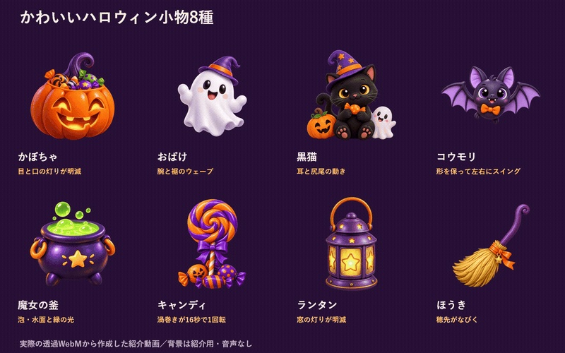 【動く透過素材】POPでかわいいハロウィン小物8種|WebM+PNG