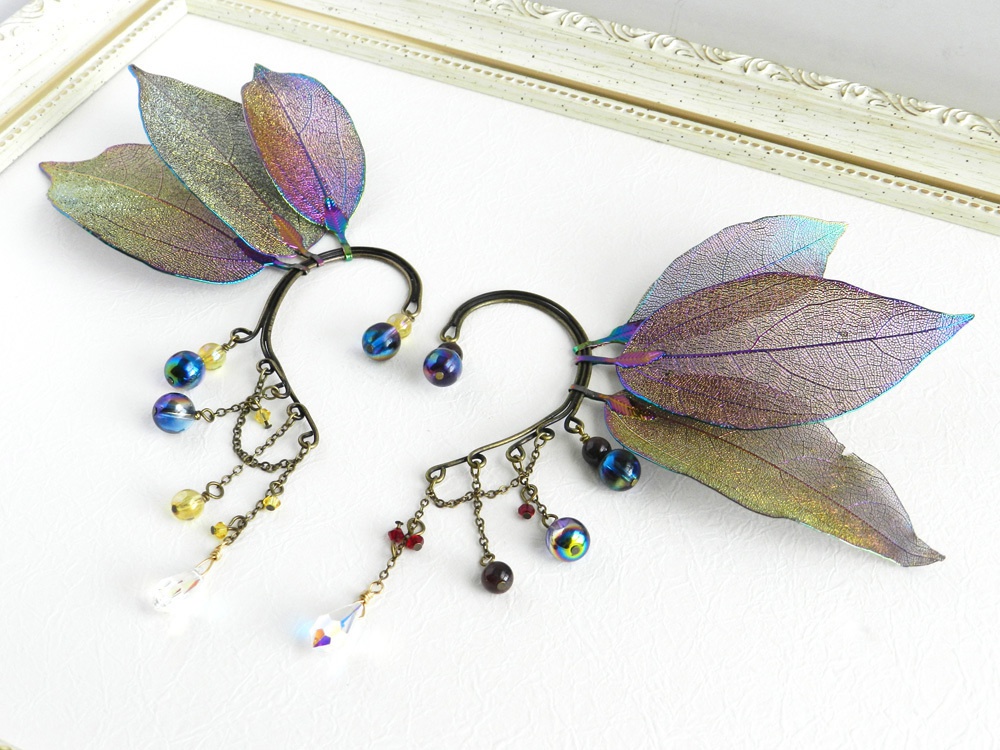 ~leaf fairy~スワロと天然石のイヤーフック(全4色)★受注制作 Radiant