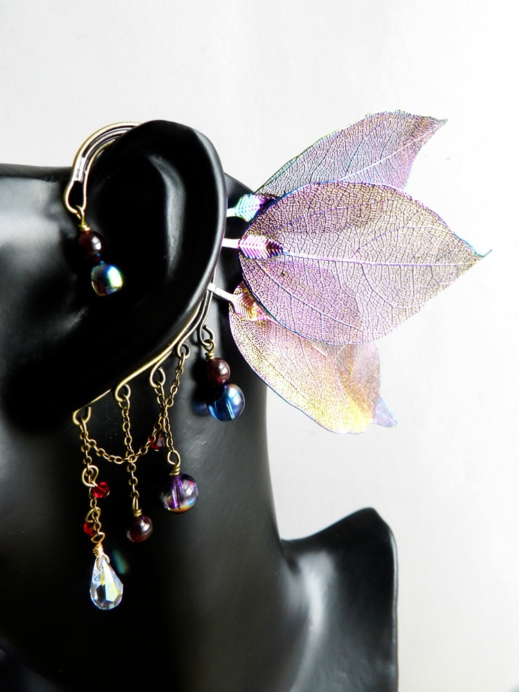 ~leaf fairy~スワロと天然石のイヤーフック(全4色)★受注制作 Radiant