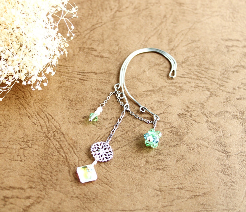 スクエアクリスタルのイヤーフック☆銀:全4色(Swarovski Crystal使用)