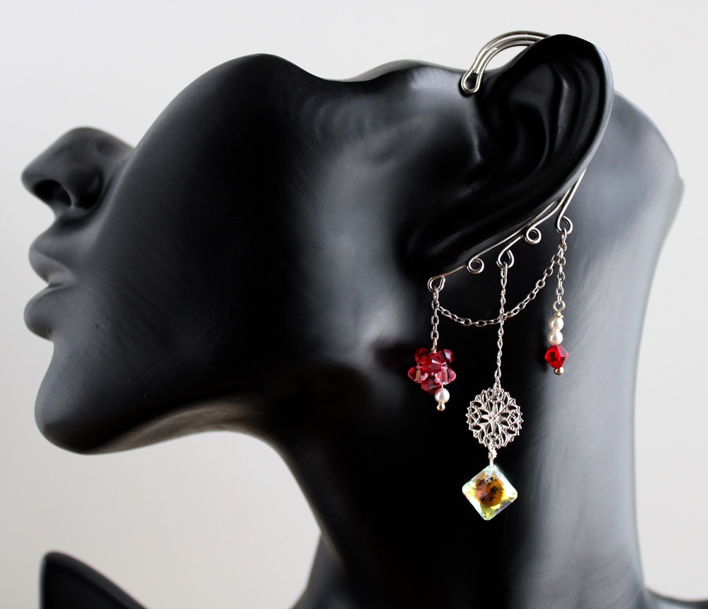 スクエアクリスタルのイヤーフック☆銀:全4色(Swarovski Crystal使用)