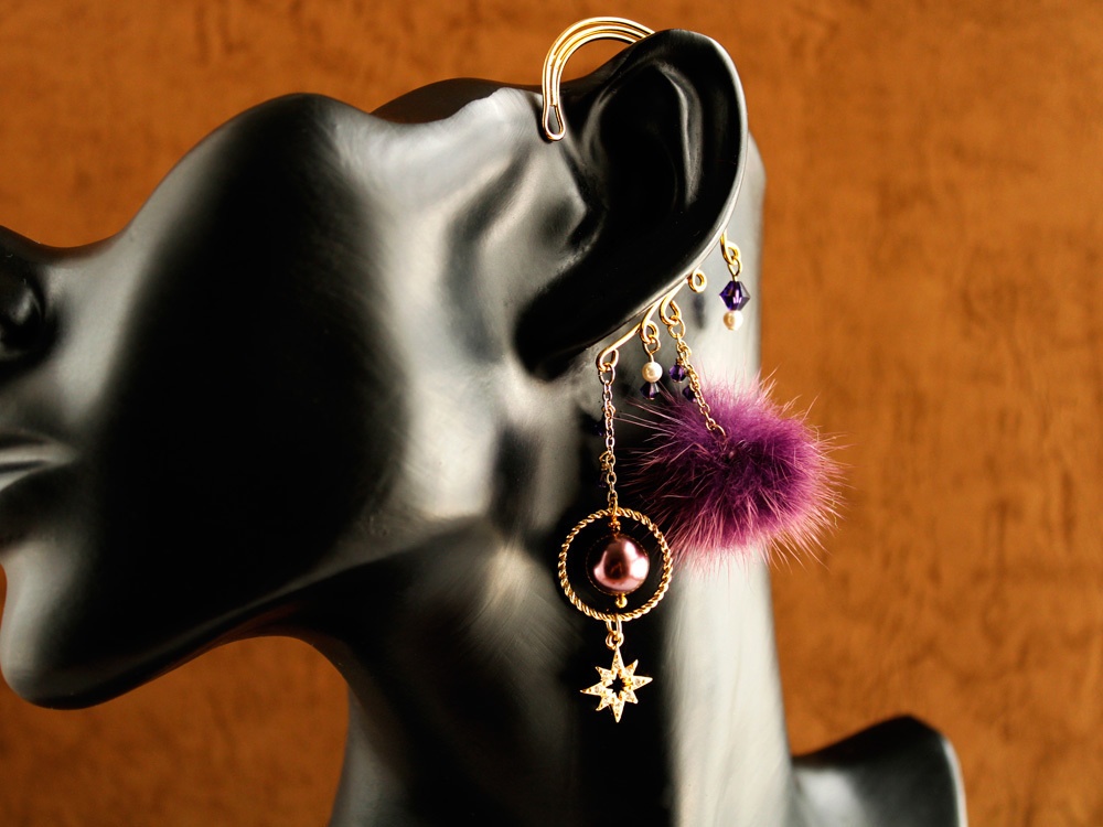 ファーとスワロフスキー・パールのイヤーフック(全6色)