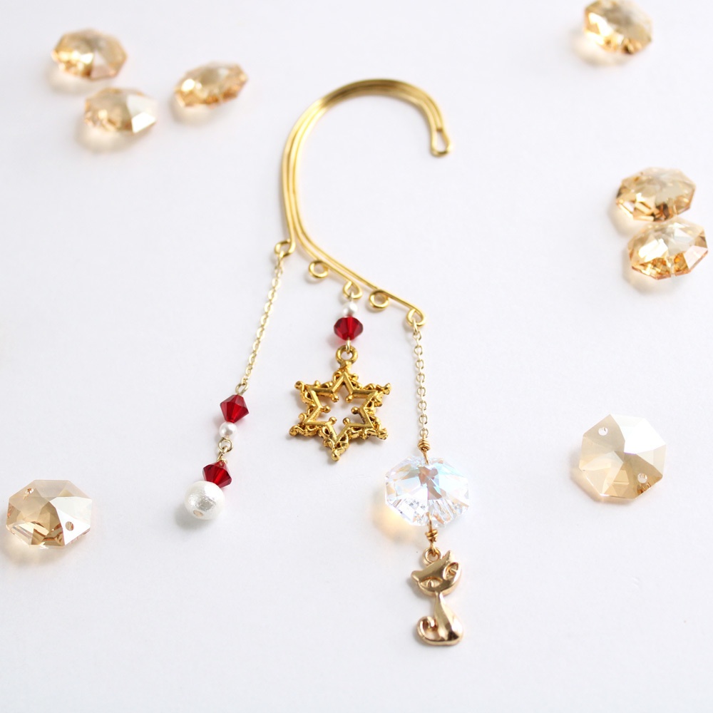 猫と六芒星のイヤーフック(全5色)☆Swarovski crystal 使用