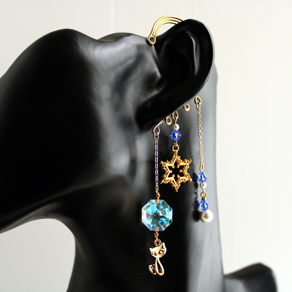 猫と六芒星のイヤーフック(全5色)☆Swarovski crystal 使用